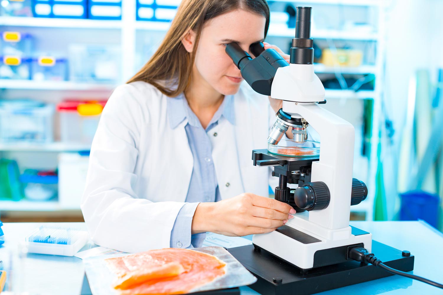 אישה בחלוק בודקת במעבדה חתיכת דג תחת מיקרוסקופ
