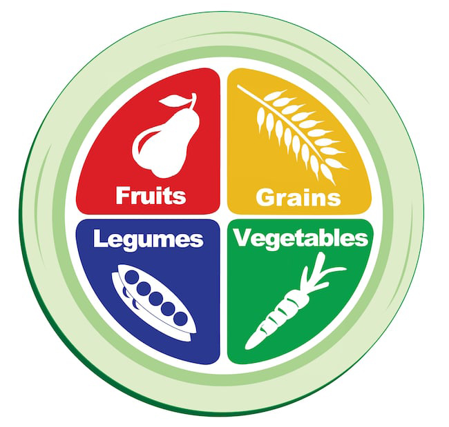 איור של צלחת הכוח - מחולקת ל4: פירות, ירקות, קטניות ודגנים
